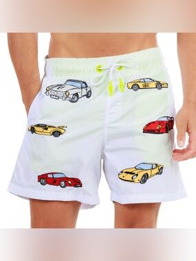 Bain de Mer St Tropez Men White Satin Embroidered Car Swim Trunks Shorts 3XL NWT